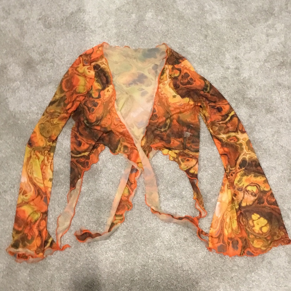SHEIN Orange & Brown Tie-Front Sheer Knit Shrug